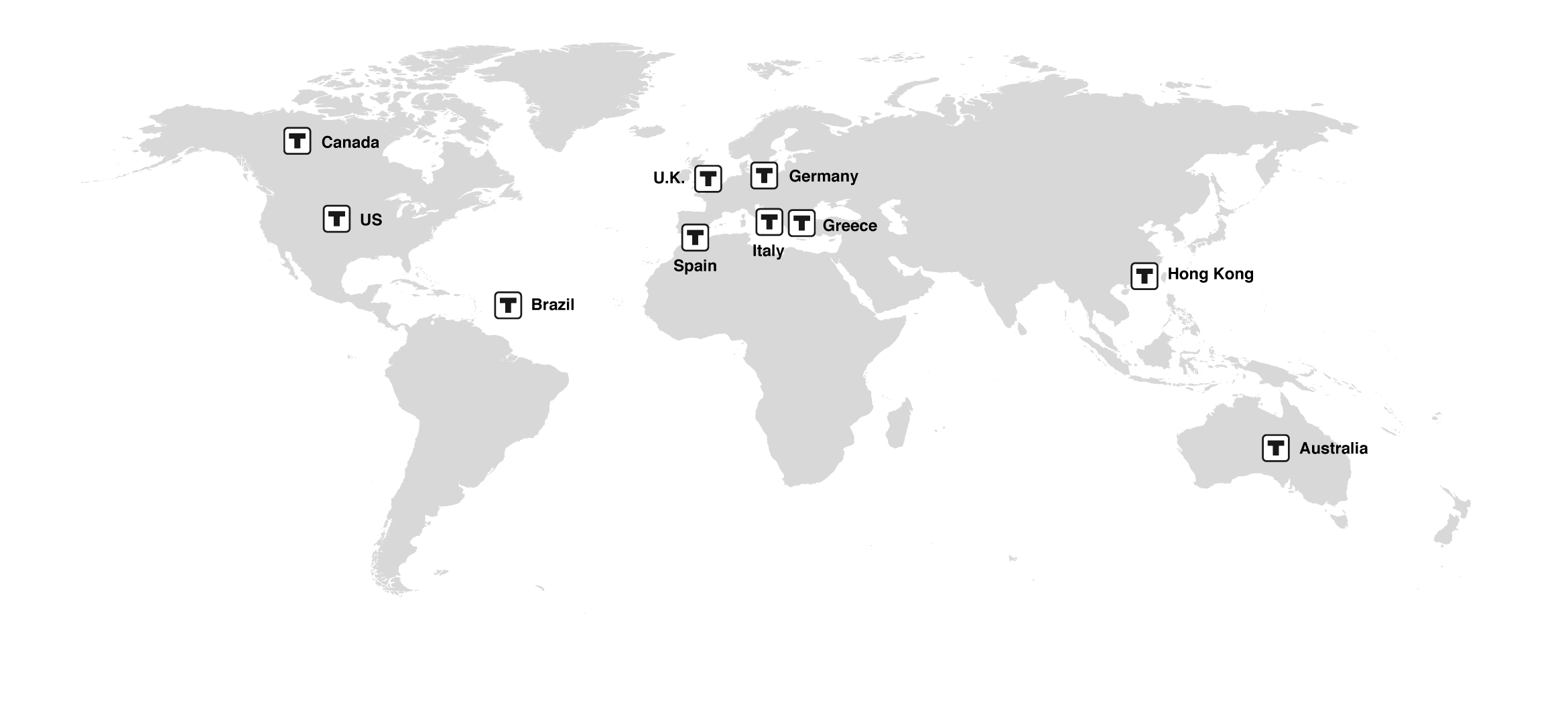 A black and white map of the world with some locations marked.