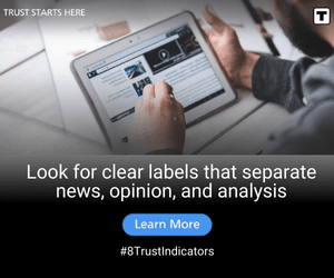 A person looking at a tablet with the words " look for clear labels that separate news, opinion and analysis ".